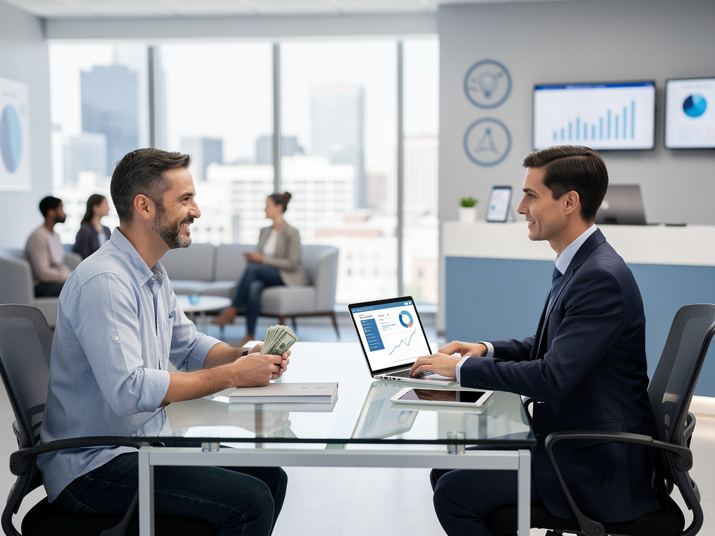 Financial advisor meeting with client holding cash in modern office, reviewing investment charts on laptop
