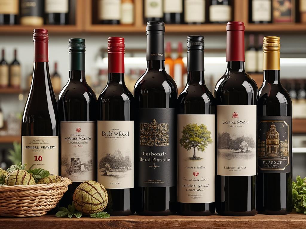 Surtido de botellas de vino tinto en una estantería de madera, con etiquetas variadas, junto a una cesta de mimbre con frutas. Surtido de botellas de vino tinto en una estantería de madera, con etiquetas variadas, junto a una cesta de mimbre con frutas.