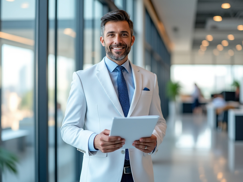 Hombre sonriente con traje blanco y tableta en oficina moderna.