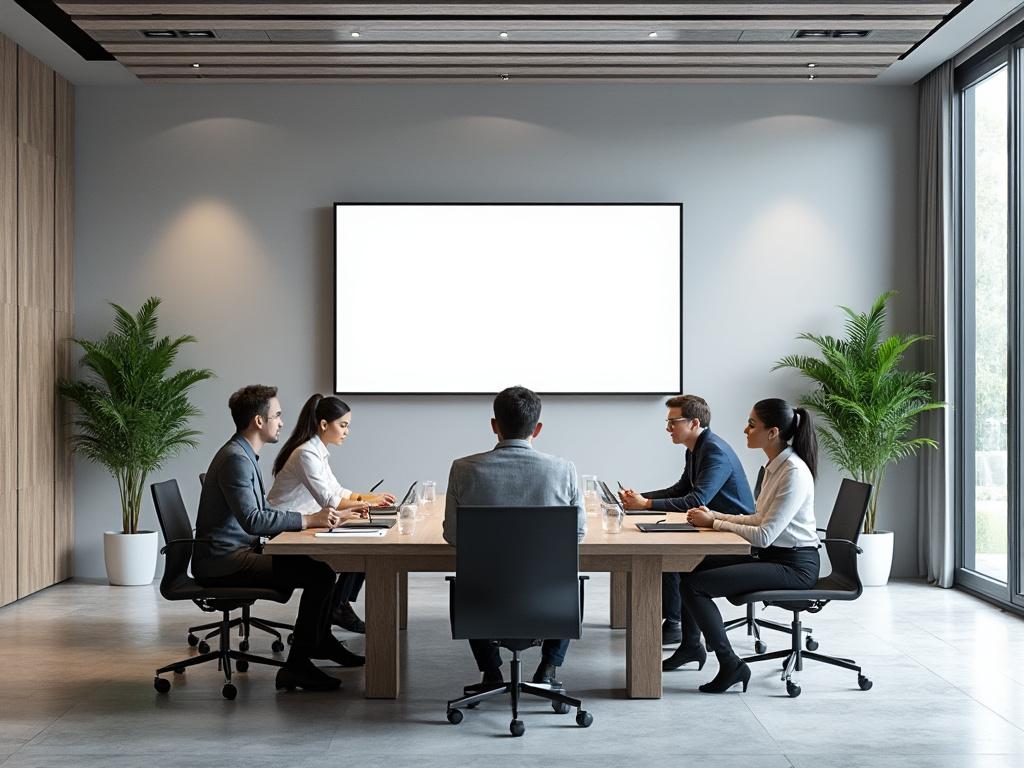 Dos profesionales de negocios en trajes conversando en una oficina moderna con plantas y una pantalla. Dos profesionales de negocios en trajes conversando en una oficina moderna con plantas y una pantalla.
