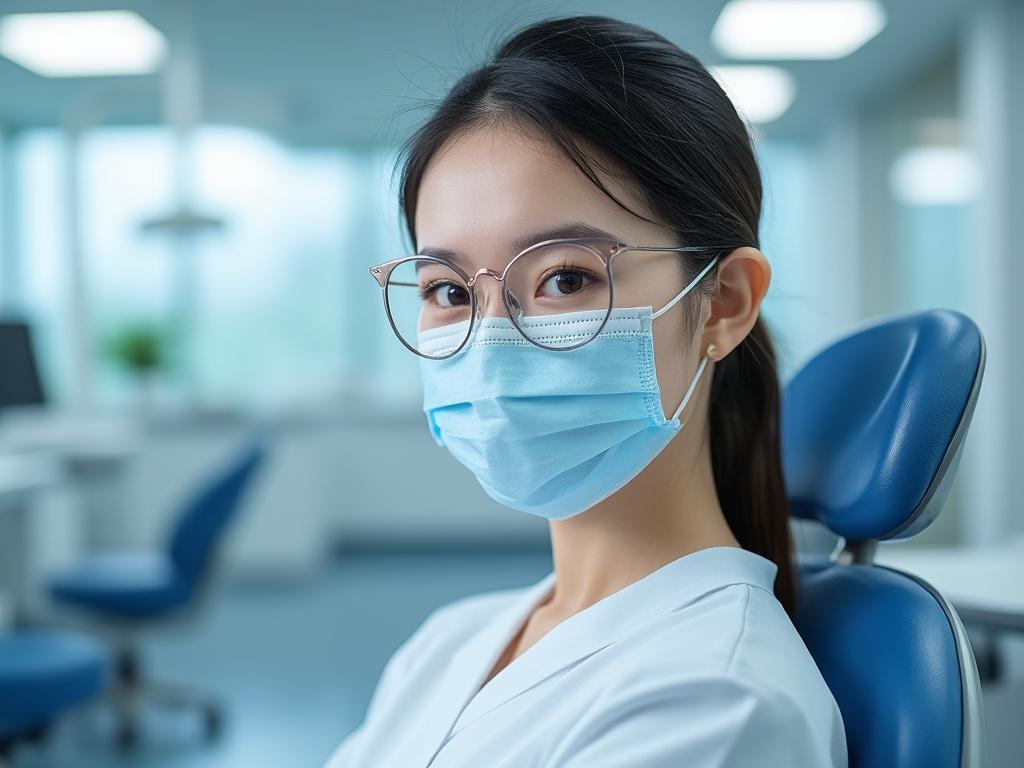 Mujer joven con mascarilla y gafas sentada en una clínica moderna.