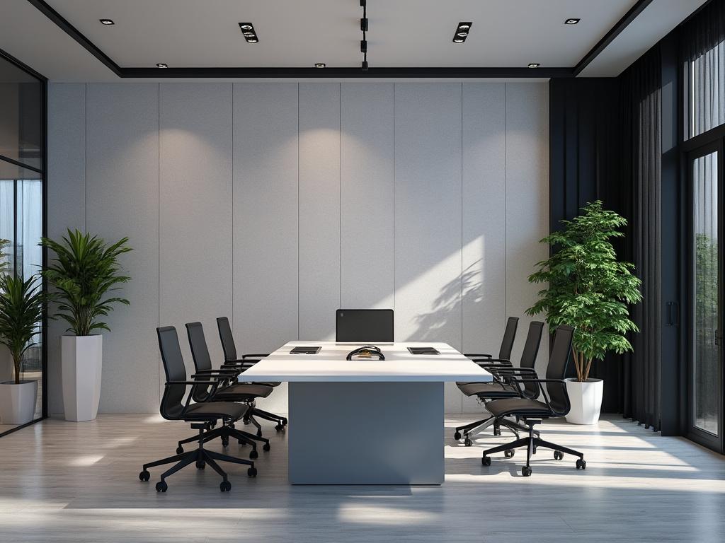 Sala de conferencias moderna con mesa blanca, sillas negras y plantas decorativas junto a una ventana grande.
