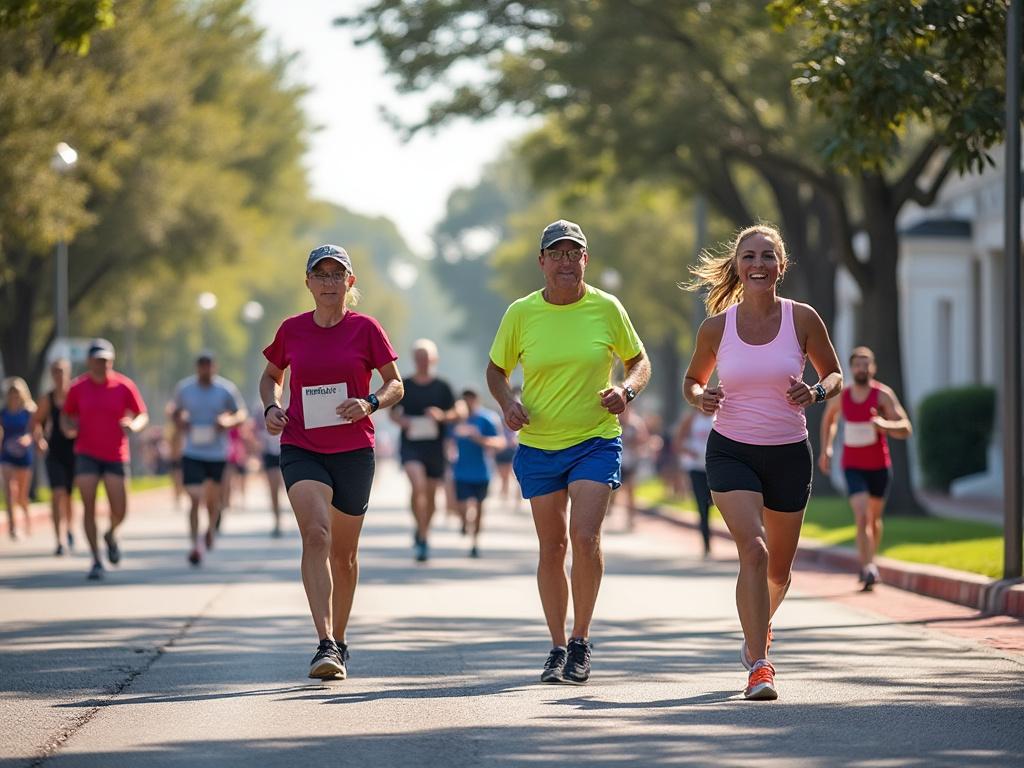Group of runners jogging during a marathon on a sunny day, surrounded by trees and spectators.