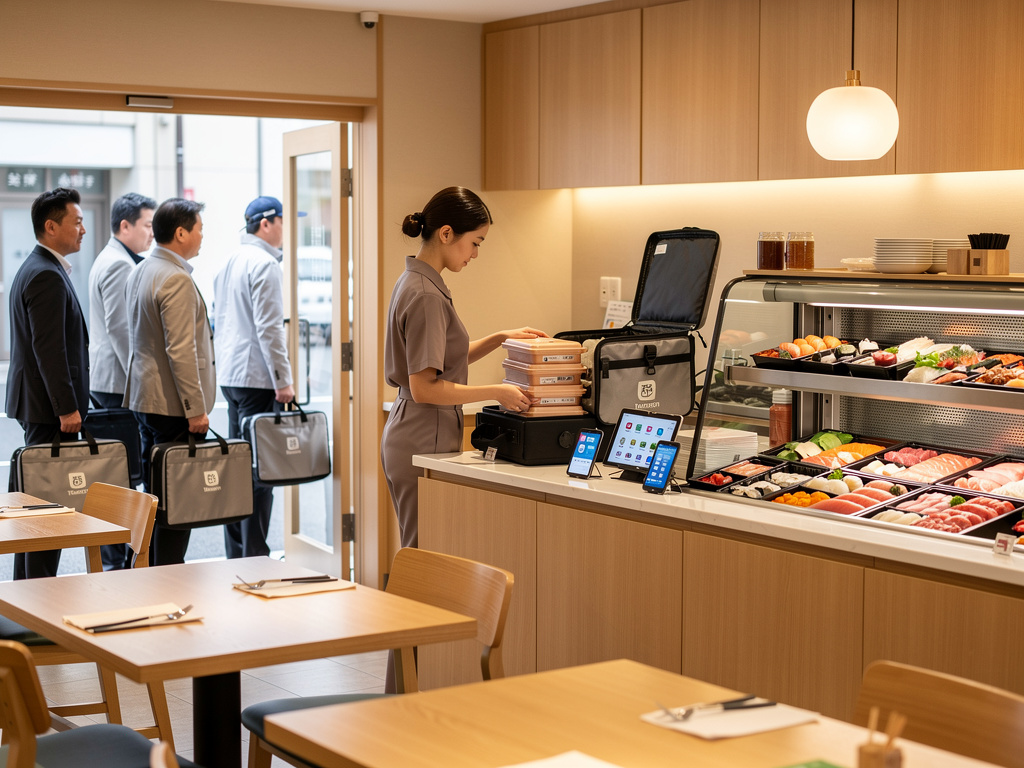 Restaurante japonés moderno con mostrador de sushi, empleada preparando pedidos para llevar y clientes de oficina entrando con bolsas térmicas Restaurante japonés moderno con mostrador de sushi, empleada preparando pedidos para llevar y clientes de oficina entrando con bolsas térmicas