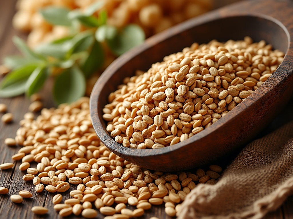 Granos de cebada en cuchara de madera, con hojas verdes y fondo de tela marrón.