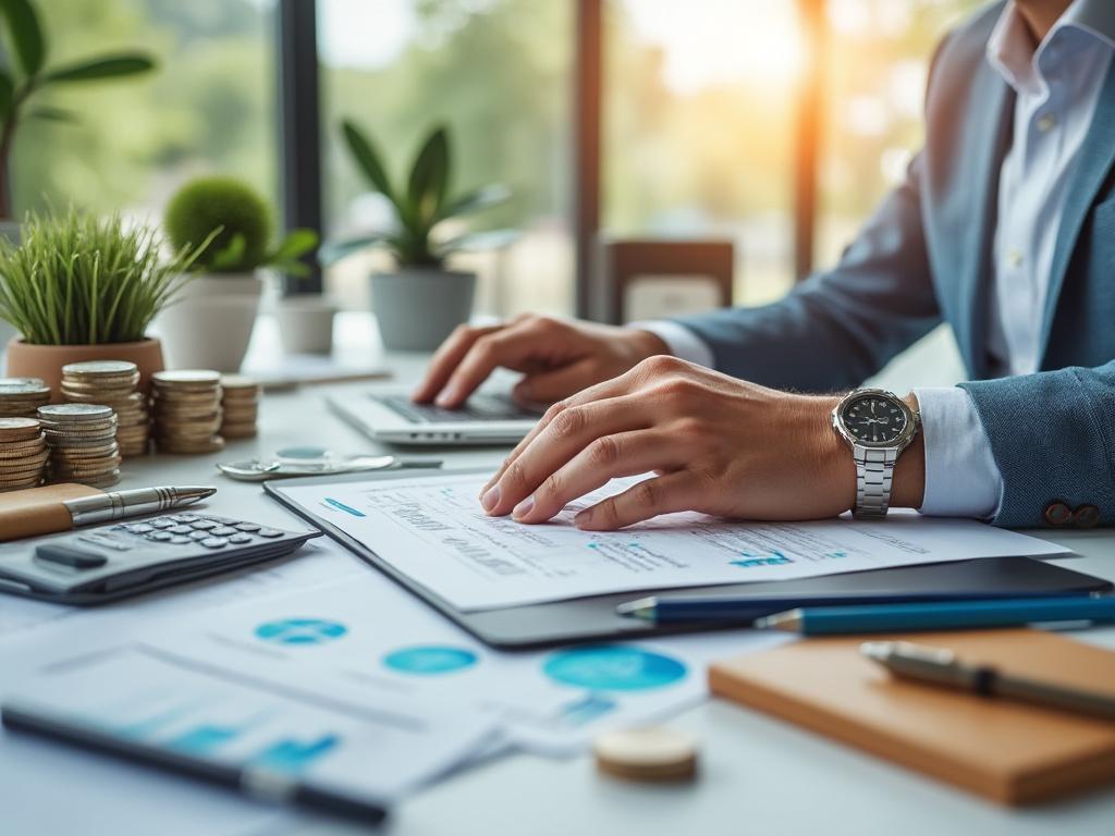 Businessman analyzing financial documents at desk with laptop, calculator, charts, and stacks of coins and plants.