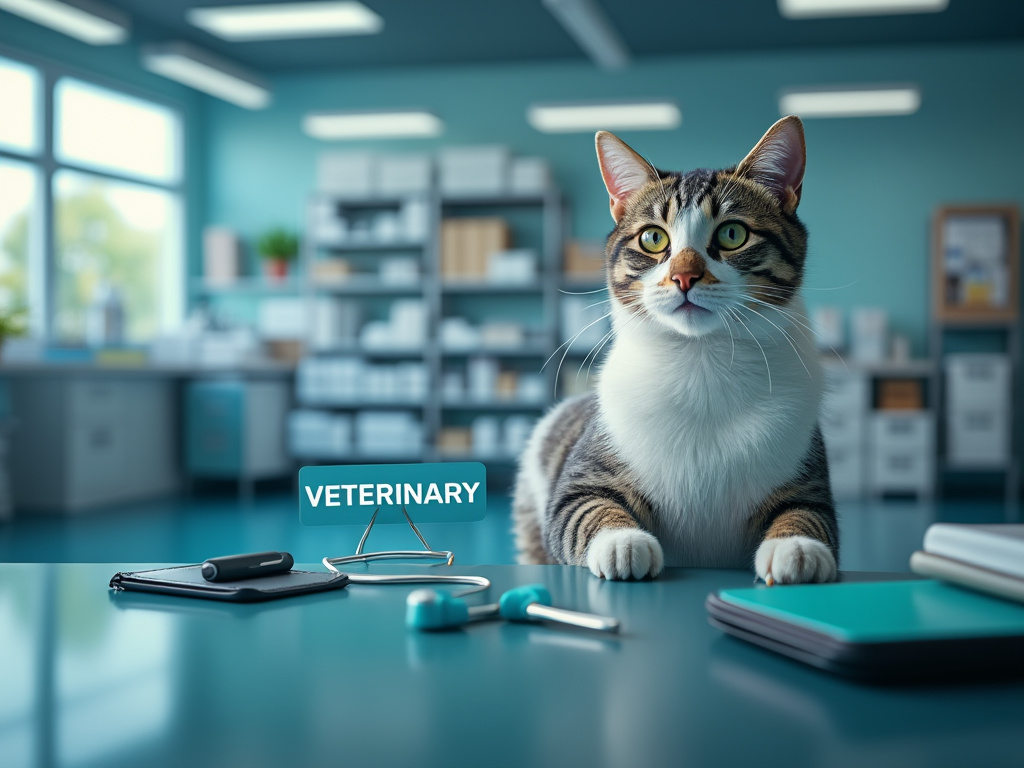 Gato sentado en una mesa de veterinario, con equipo médico de fondo en una clínica. Gato sentado en una mesa de veterinario, con equipo médico de fondo en una clínica.