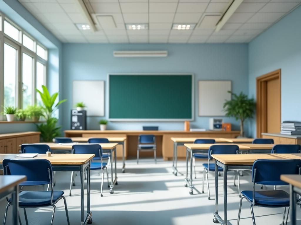 Aula de clases moderna con escritorios, sillas azules, pizarra verde y plantas decorativas junto a ventanas grandes.