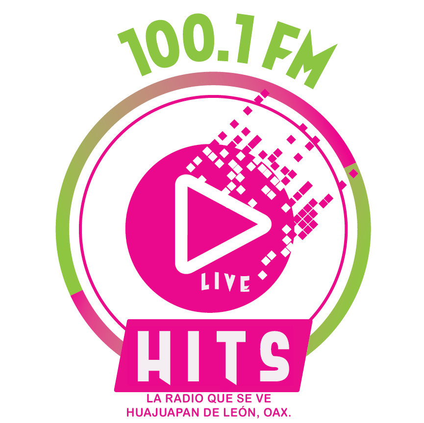 Logotipo de una emisora de radio con texto '100.1 FM' y 'LIVE', con un diseño moderno de triángulo y píxeles en colores rosa y verde.