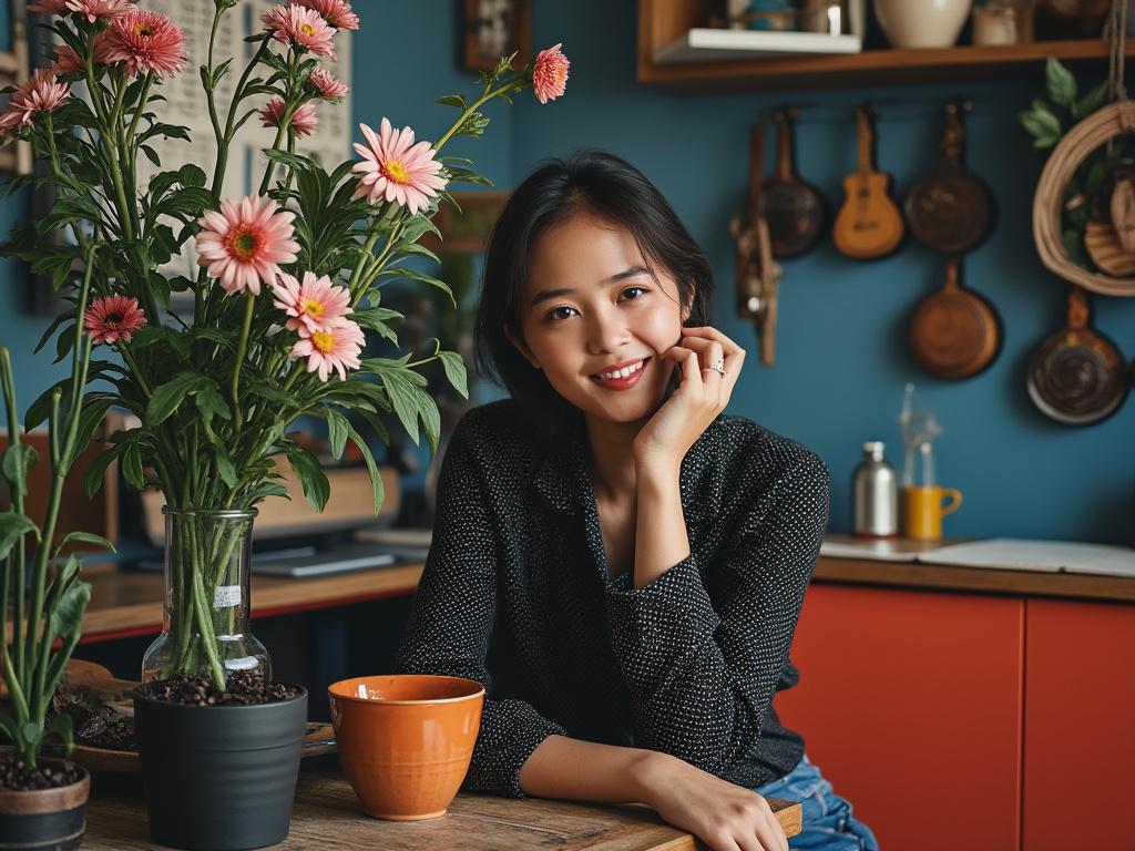 Smiling woman in a cozy kitchen with pink daisies and warm decor.