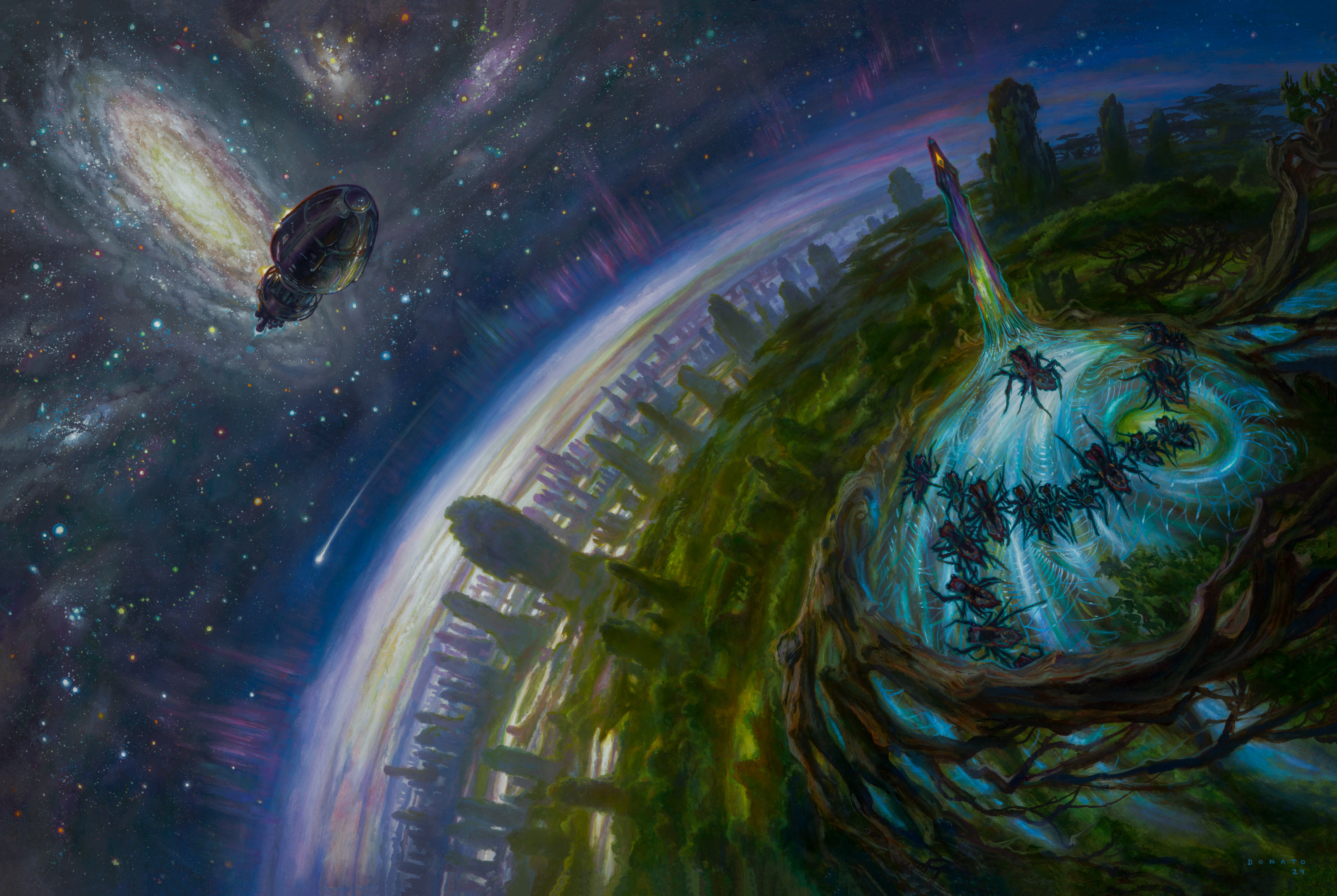 Children of Time
24" x 36" (60 x 92 cm), Oil on panel, 2025
cover art for the novel by Adrian Tchaikovsky
framed