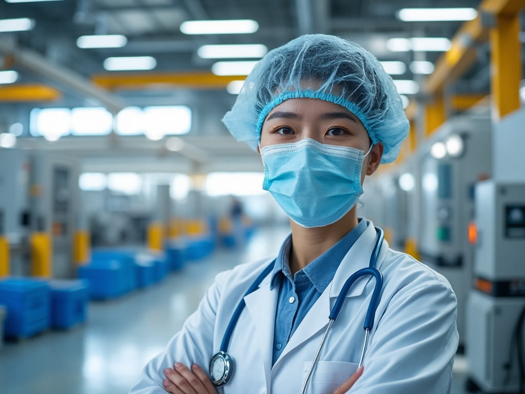 Doctora con mascarilla y estetoscopio en ambiente industrial.