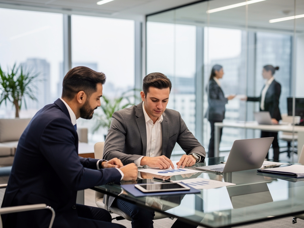 Business professionals reviewing financial charts in a modern glass-walled office meeting