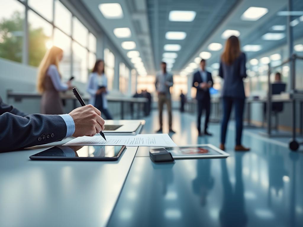 Persona en traje firmando documentos en una oficina moderna con empleados desenfocados al fondo.