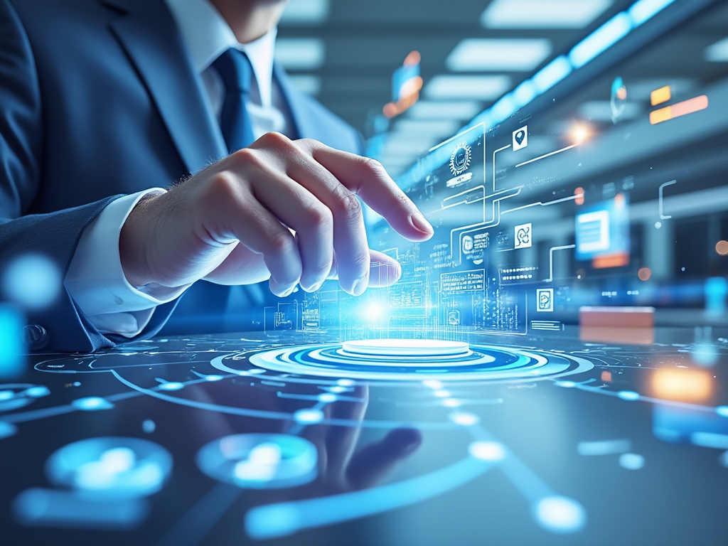 Businessman interacting with futuristic digital interface on a touchscreen table, showcasing technology and innovation in a modern office setting.