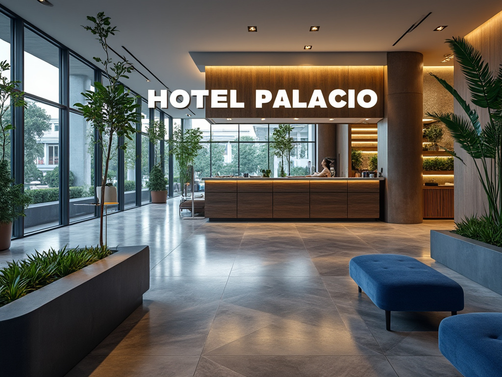 Recepción moderna del Hotel Palacio con grandes ventanales, vegetación interior y mobiliario elegante.