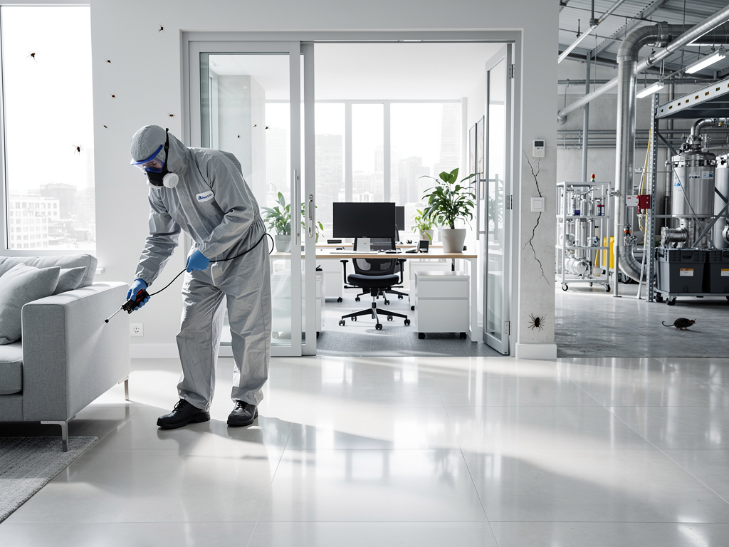Técnico de control de plagas fumigando una oficina moderna con insectos visibles y equipo industrial