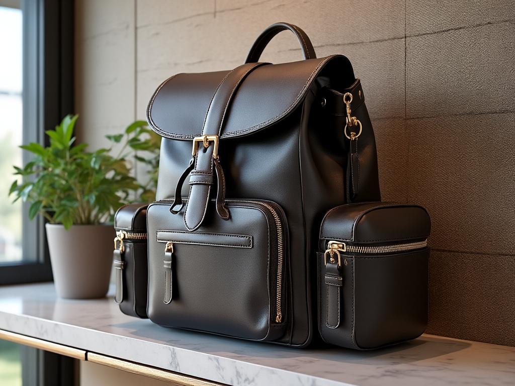 Mochila de cuero negro con múltiples bolsillos y detalles dorados sobre una mesa blanca, junto a una planta en maceta.