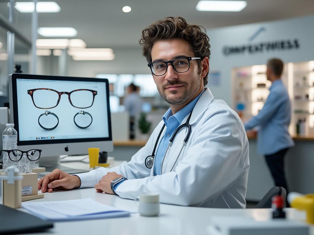 Optometrista con gafas en la mano, sentado frente a una computadora que muestra lentes, en una óptica moderna. Optometrista con gafas en la mano, sentado frente a una computadora que muestra lentes, en una óptica moderna.