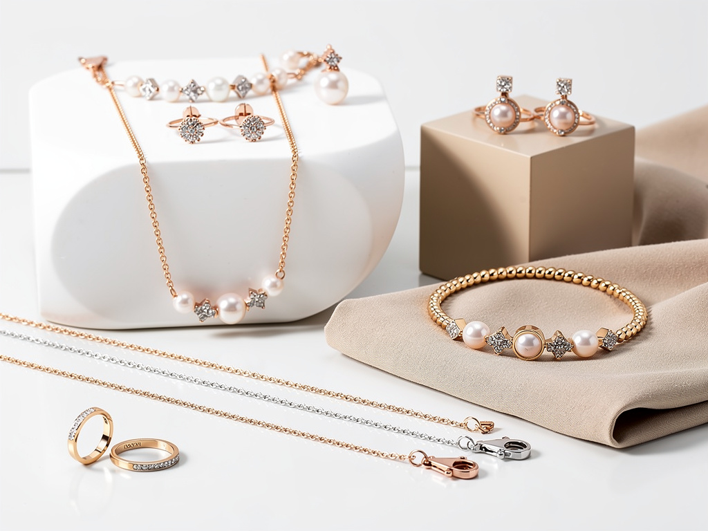 Colección de joyas elegantes en oro rosa con perlas, diamantes, collares, pulseras, anillos y pendientes sobre fondo claro Colección de joyas elegantes en oro rosa con perlas, diamantes, collares, pulseras, anillos y pendientes sobre fondo claro