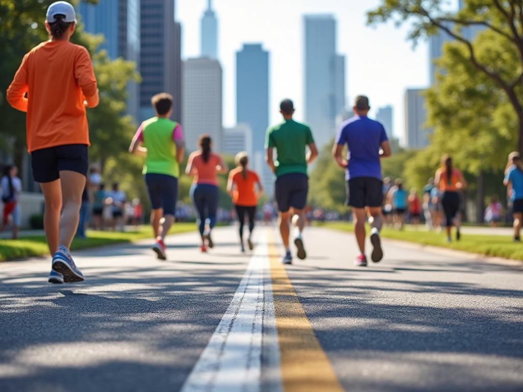 Group of people running in an outdoor urban marathon with skyscrapers in the background, sunny day.