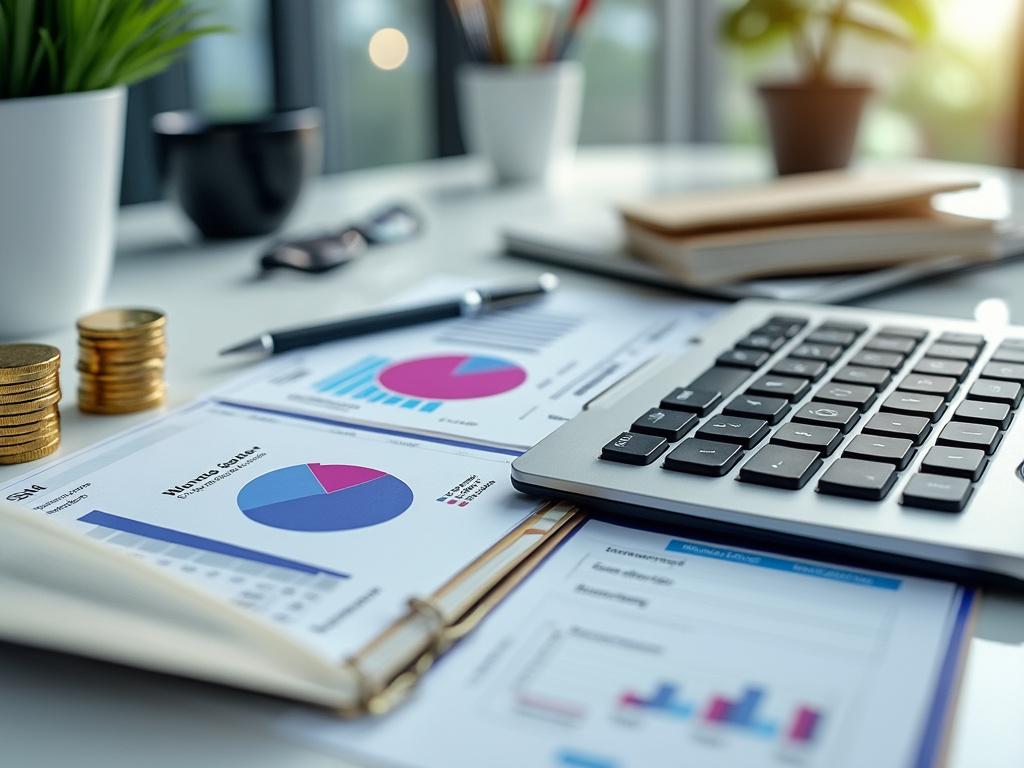 Documentos financieros con gráficos y computadora portátil sobre un escritorio, resaltando análisis financieros y cálculos.