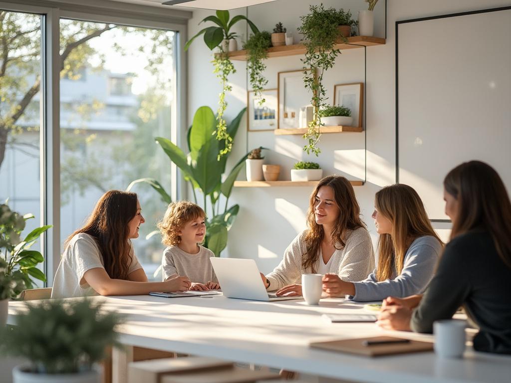 Group of people having a meeting around a laptop in a bright room with plants.