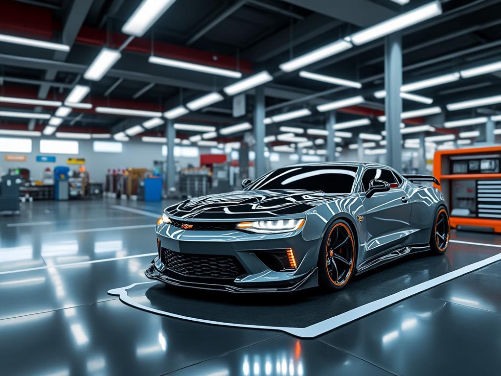 Auto deportivo gris estacionado en un moderno taller iluminado con luces de neón.
