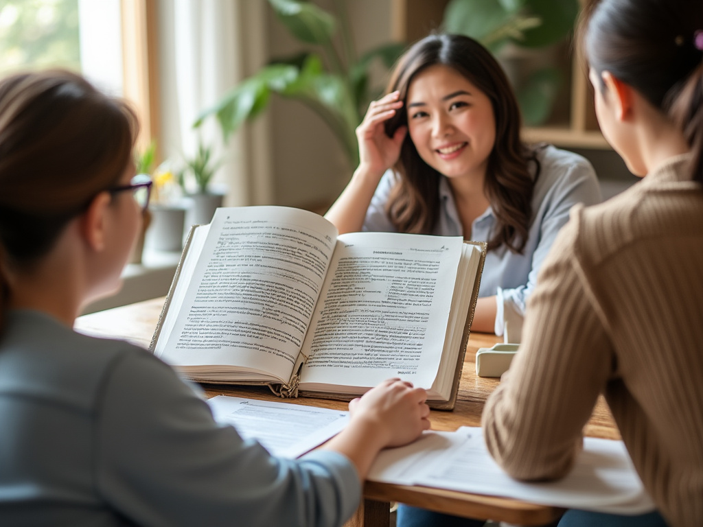 Tres personas en una mesa estudiando con un libro abierto.