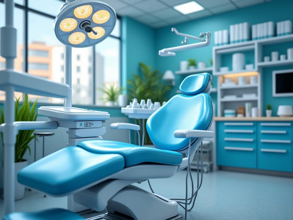 Consultorio dental moderno con silla azul, luz y estantes en el fondo.