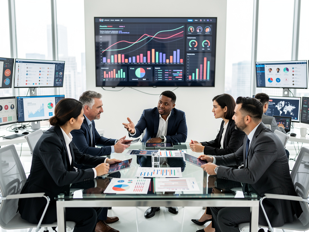 Business team meeting in modern office with analytics dashboards, charts, and data visualization screens