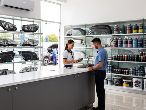 Tienda de repuestos automotrices con mostrador, faros, pinturas y empleados atendiendo a un cliente
