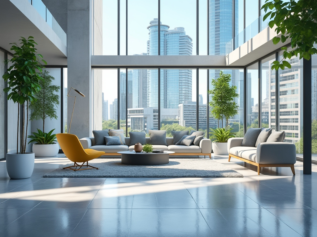 Sala de estar moderna con sofás grises, silla amarilla y grandes ventanales, con vista a rascacielos.