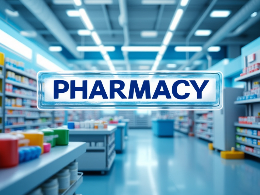 Interior de una farmacia moderna con estantes llenos de productos y cartel de señalización iluminado.