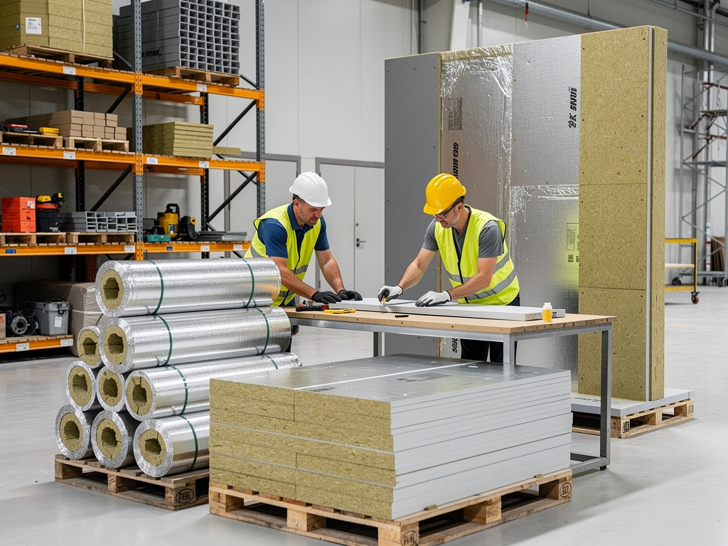 Trabajadores con cascos y chalecos ensamblando paneles aislantes en almacén industrial con rollos de aislamiento y materiales de construcción