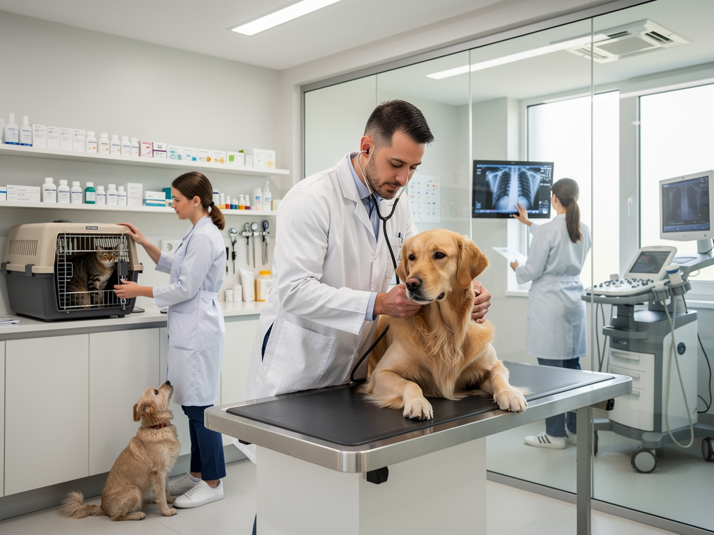 Veterinario examinando a un golden retriever en clínica veterinaria moderna con radiografía, ecografía y mascotas