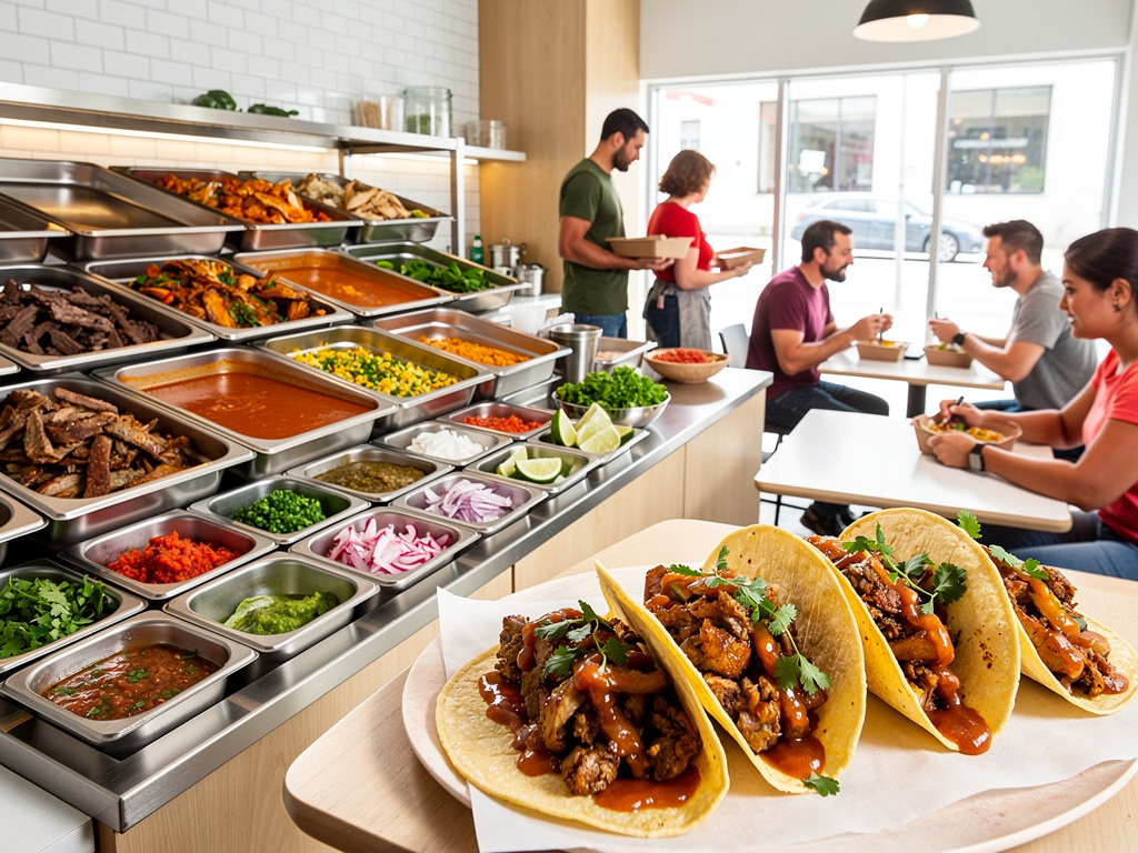 Tacos mexicanos con carne y salsa en restaurante tipo buffet con ingredientes frescos y clientes comiendo