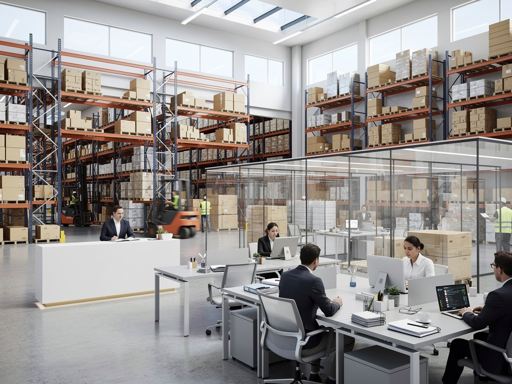 Oficina logística moderna dentro de un almacén con estanterías, cajas y personal trabajando