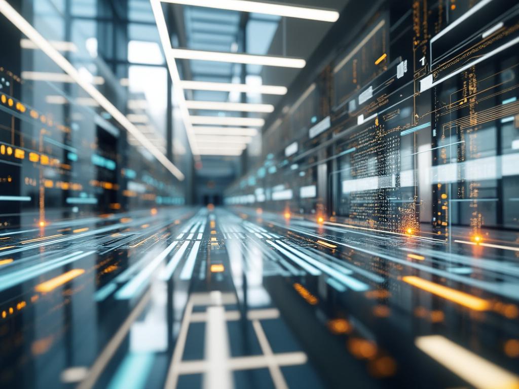 Vista de un corredor futurista lleno de datos digitales y luces LED, simbolizando la tecnología y la innovación. Vista de un corredor futurista lleno de datos digitales y luces LED, simbolizando la tecnología y la innovación.