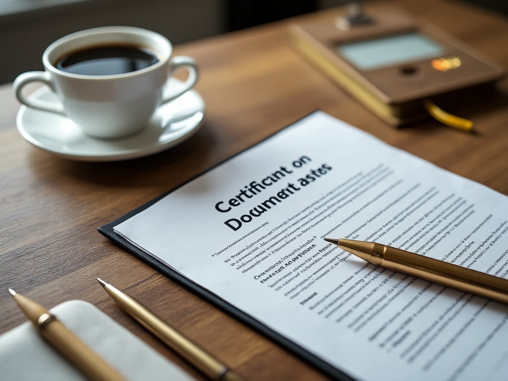 Certificado en una mesa junto a una taza de café y un bolígrafo dorado.