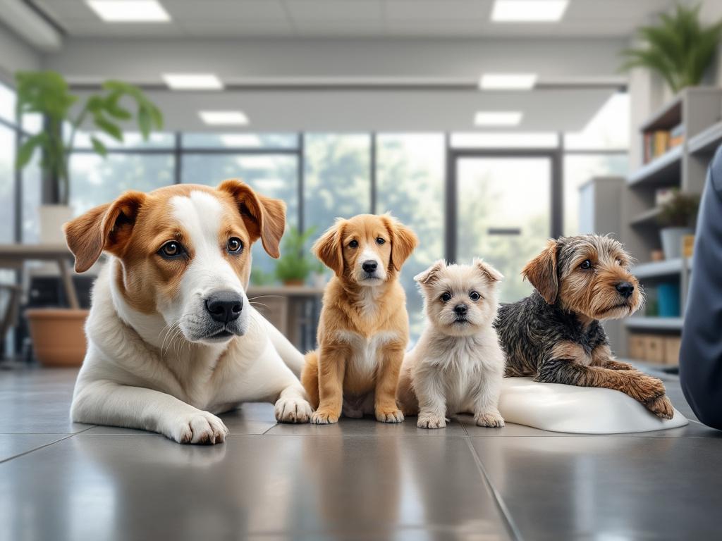 Cuatro perros de diferentes razas posando sobre el suelo de una oficina moderna con plantas y ventanas grandes.
