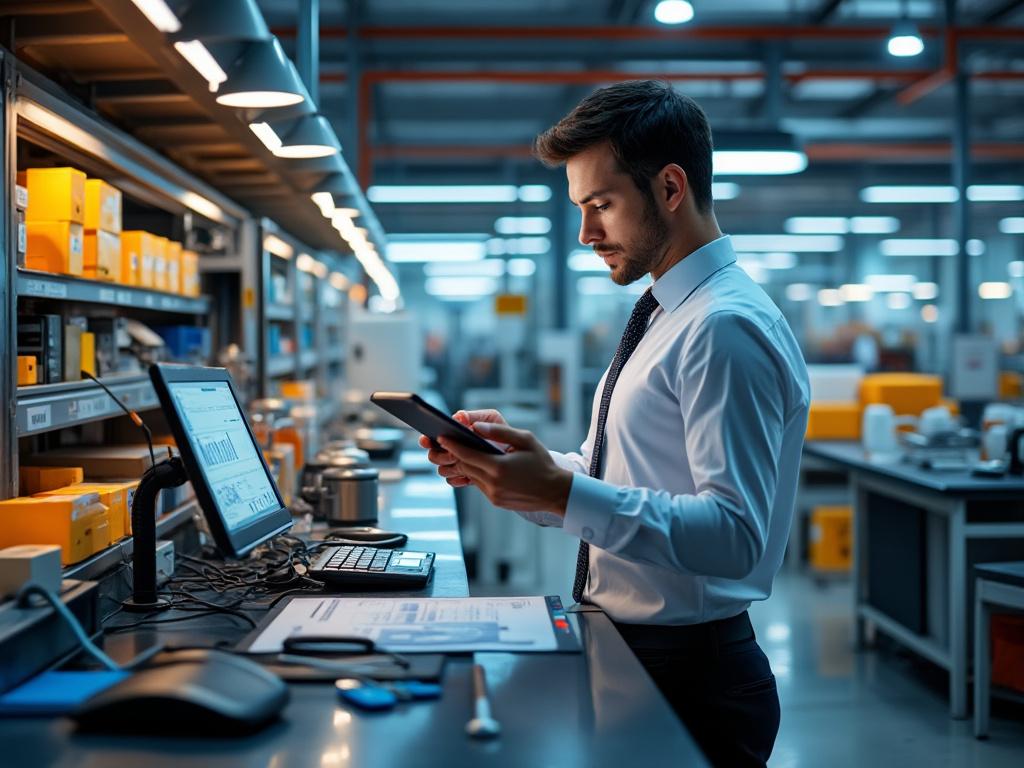 Hombre de negocios trabajando en una oficina moderna con tablet y computador, rodeado de estantes de almacenamiento.