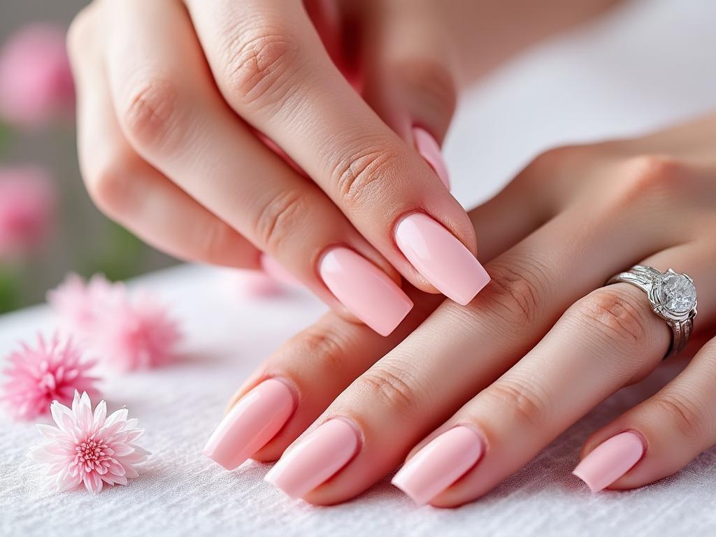 Manos con uñas pintadas de esmalte rosa claro y anillo de diamante sobre mesa blanca, decoradas con flores rosas.