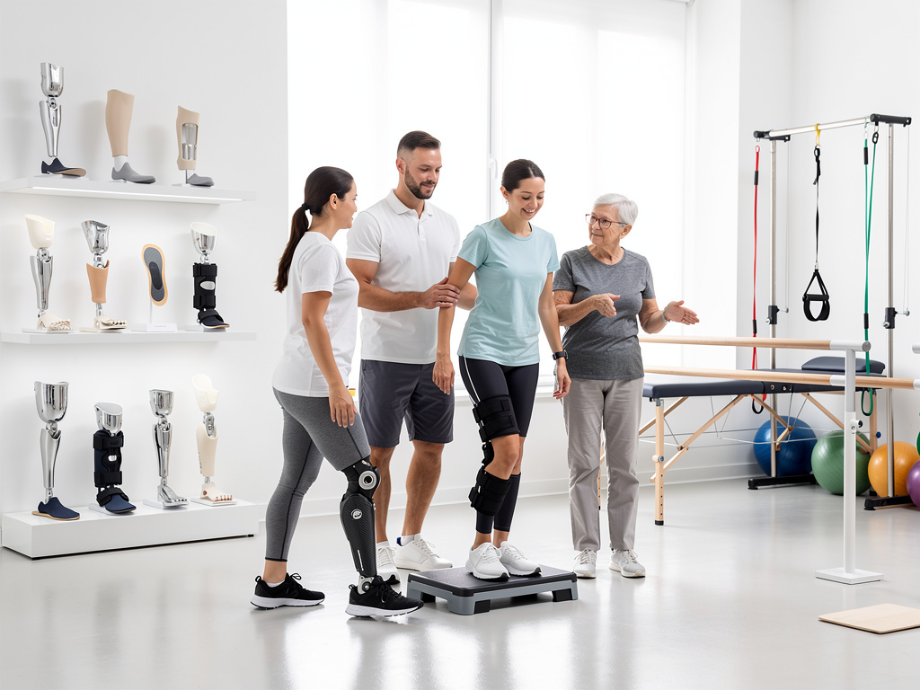 Centro de rehabilitación con pacientes usando prótesis de pierna y rodillera durante terapia física asistida