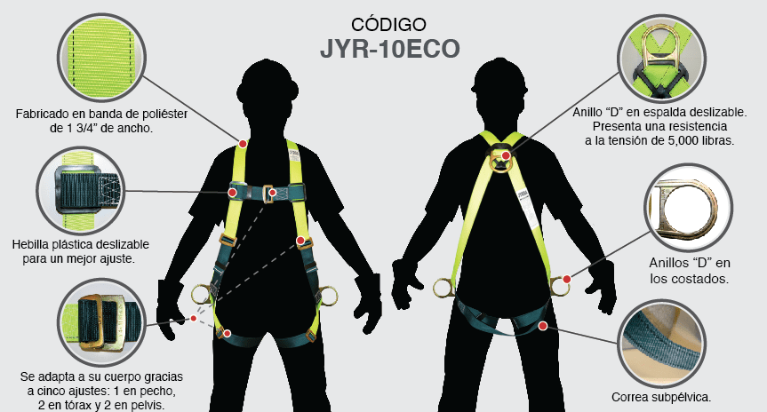 ARNÉS CON ANILLO "D" EN LA ESPALDA Y LOS COSTADOS
Marca JYRSA
Modelo JYR-10ECO