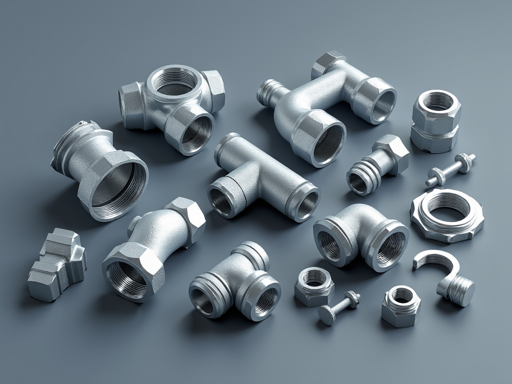 Conjunto de accesorios de fontanería metálicos en un fondo gris.