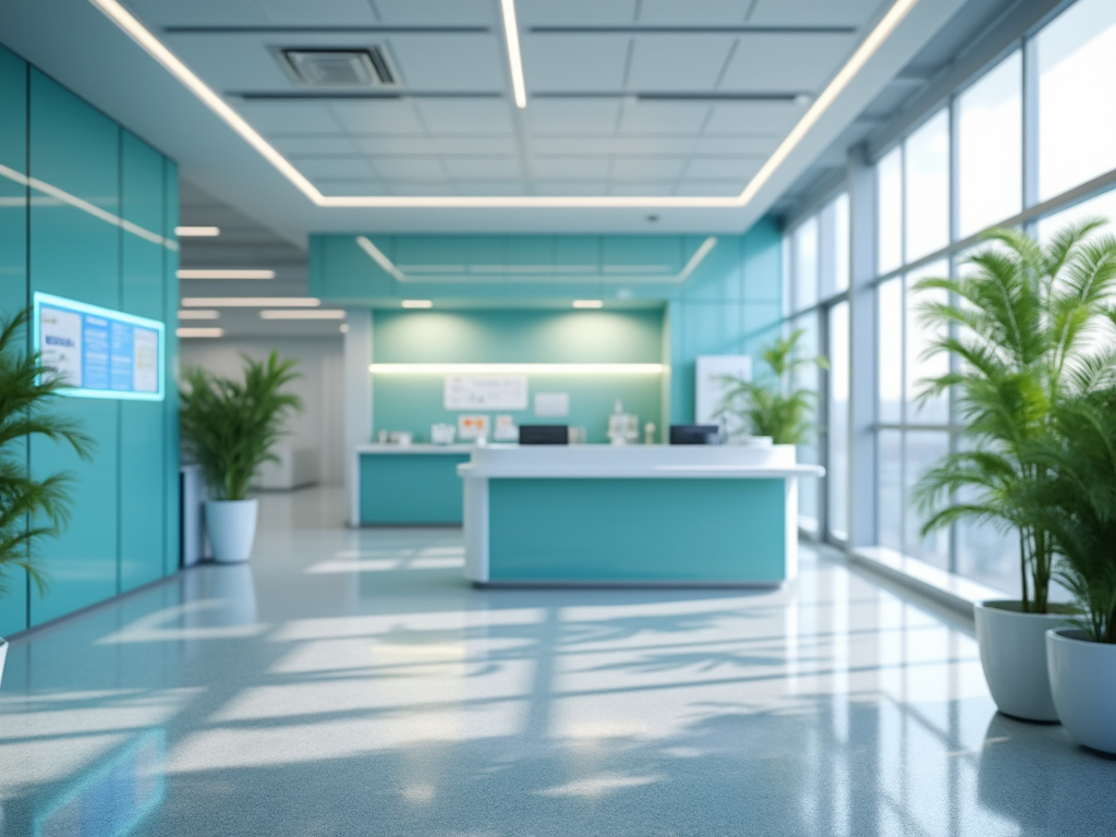Recepción moderna de oficina con plantas y diseño minimalista en tonos azul y blanco.