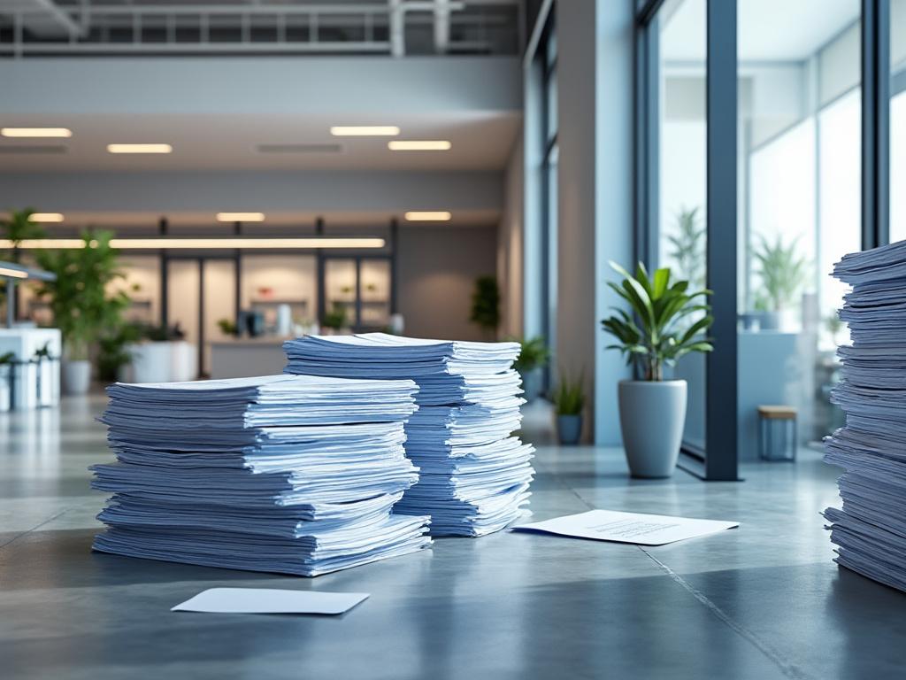 Pilas de documentos en una moderna oficina con plantas y ventanas grandes.