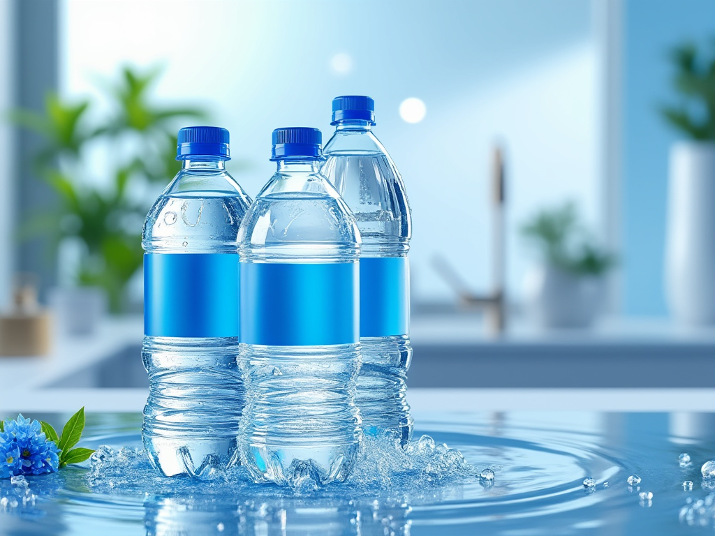 Tres botellas de agua con etiquetas azules sobre una superficie mojada en un entorno fresco con plantas de fondo.