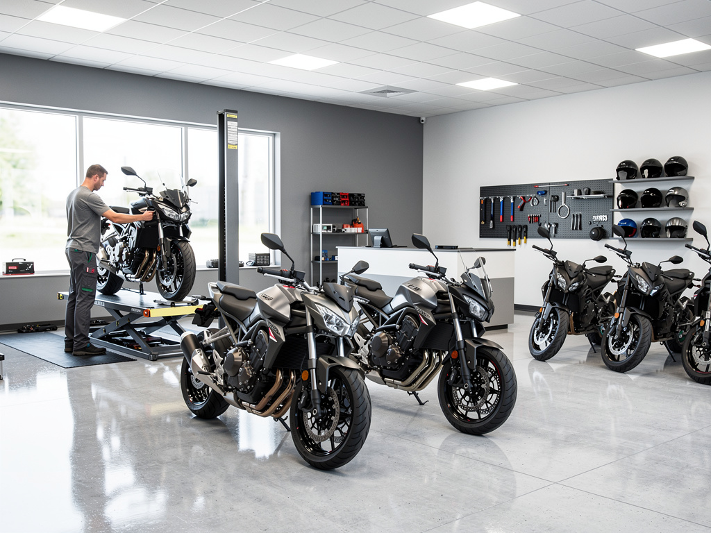 Taller y concesionario de motocicletas moderno con mecánico revisando una moto en elevador y varias motos deportivas en exhibición